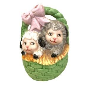 Vintage Porcelain Bisque Baby Lams in‎ a Basket Bell 3.5"Tx2.5"W EASTER